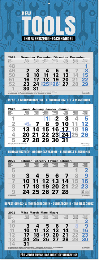 4-Monatsplaner "Ocean-4" mit deutsch-mehrsprachigem Kalendarium im Format 33 x 87,5 cm, grau/blau