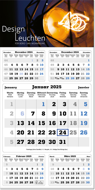 Fünf-Monats-Planer "Classic times 5" im Format 30 x 60 cm, grau/blau, Datumsweiser blau umgelegt