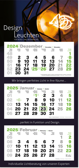 3-Monats-Kalender "Green3maxi" mit deutsch-mehrsprachigem Kalendarium im Format 38 x 81,6 cm