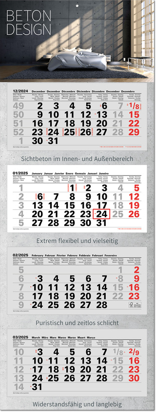 4-Monatsplaner "Junior-4" mit europäischem Kalendarium im Format 33 x 87,5 cm, grau