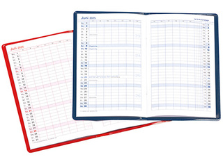 Taschenkalender "Status" im Format 9,5 x 16 cm, Kalendarium Grau/Rot, 32 Seiten gebunden + 16 Seiten ABC-Heft, eingesteckt in Slinky-Hülle dunkelblau