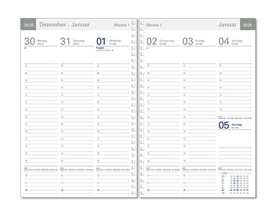 Wochentimer "Luxus" im Format 17 x 25 cm, deutsche Version, 128 Seiten, Wire-O-Bindung, ohne Eckenperforation, PP-Einband schwarz