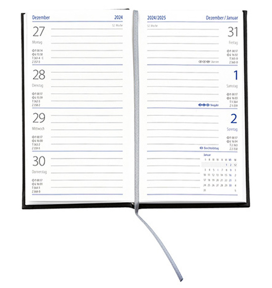 Taschenkalender "Klassik" im Format 8,7 x 15,3 cm, deutsches Kalendarium Grau/Blau mit Leseband, 128 Seiten Fadenheftung, Grafikeinband