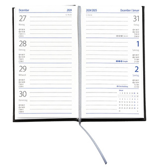 Taschenkalender "Klassik" im Format 8,7 x 15,3 cm, deutsches Kalendarium Grau/Blau mit Leseband, 128 Seiten Fadenheftung, Einband Fashion anthrazit