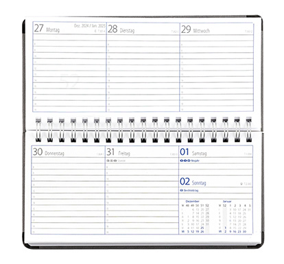 Taschenkalender "Horizontal" im Format 17 x 8 cm, deutsches Kalendarium Grau/Blau, 144 Seiten, Wire-O-Bindung, Eckenperforation, Deckelpaar Slinky schwarz