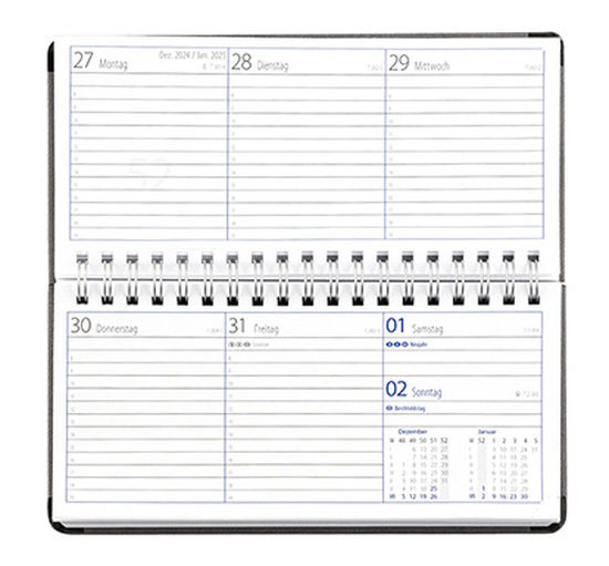 Taschenkalender "Horizontal" im Format 17 x 8 cm, deutsches Kalendarium Grau/Blau, 144 Seiten, Wire-O-Bindung, Eckenperforation, Deckelpaar Slinky schwarz