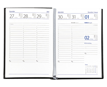 Taschenkalender "Taschenbuch Woche" im Format 10,5 x 14,8 cm, deutsches Kalendarium Grau/Blau mit Leseband, 144 Seiten Fadenheftung, Einband Balacron weiß