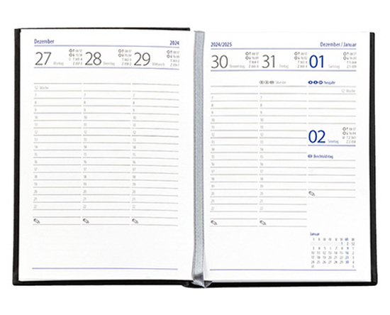 Taschenkalender "Taschenbuch Woche" im Format 10,5 x 14,8 cm, deutsches Kalendarium Grau/Blau mit Leseband, 144 Seiten Fadenheftung, Einband Balacron weiß