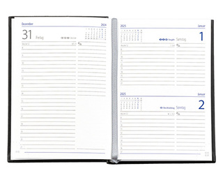 Taschenkalender "Taschenbuch Tag" im Format 10,5 x 14,8 cm, deutsches Kalendarium Grau/Blau mit Leseband, 352 Seiten Fadenheftung, Eckenperforation, Einband Slinky schwarz