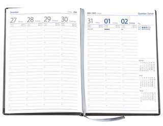 Wochenkalender "Klassik D" im Format 14,5 x 20,5 cm, deutsches Kalendarium Grau/Blau mit Leseband, 144 Seiten Fadenheftung, Eckenperforation, Einband Balacron burgund