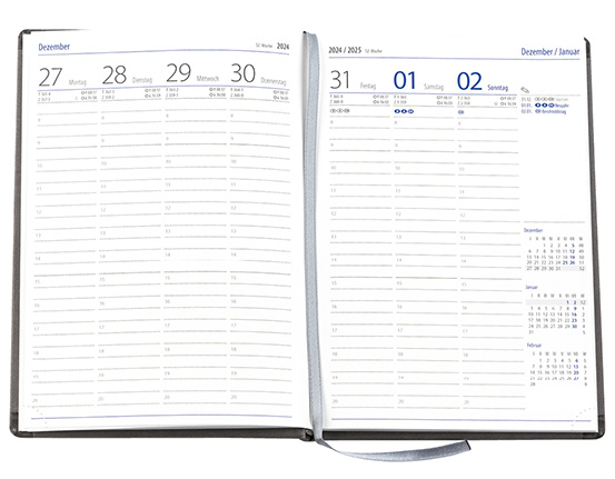 Wochenkalender "Klassik D" im Format 14,5 x 20,5 cm, deutsches Kalendarium Grau/Blau mit Leseband, 144 Seiten Fadenheftung, Eckenperforation, Einband Magic anthrazit