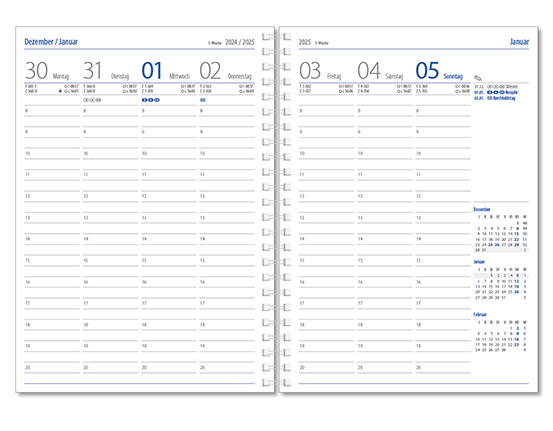 Wochenkalender "Klassik D Wire" im Format 14,5 x 20,5 cm, deutsches Kalendarium Grau/Blau, 144 Seiten, Wire-O-Bindung, mit Eckenperforation, Deckelpaar Magic anthrazit