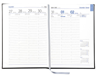 Wochenkalender "Business D" im Format 17,2 x 24 cm, deutsches Kalendarium Grau/Blau mit Leseband, 144 Seiten Fadenheftung, Eckenperforation, Grafikeinband