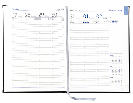 Wochenkalender "Business D" im Format 17,2 x 24 cm, deutsches Kalendarium Grau/Blau mit Leseband, 144 Seiten Fadenheftung, Eckenperforation, Einband Magic anthrazit