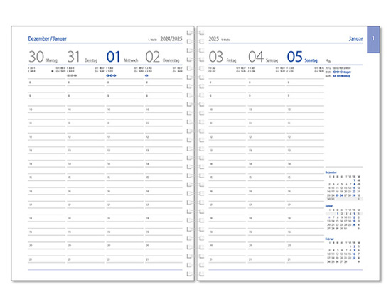 Wochenkalender "Business D Wire" im Format 17,2 x 24 cm, deutsches Kalendarium Grau/Blau, 144 Seiten, Wire-O-Bindung, mit Eckenperforation, Deckelpaar Balacron weiß