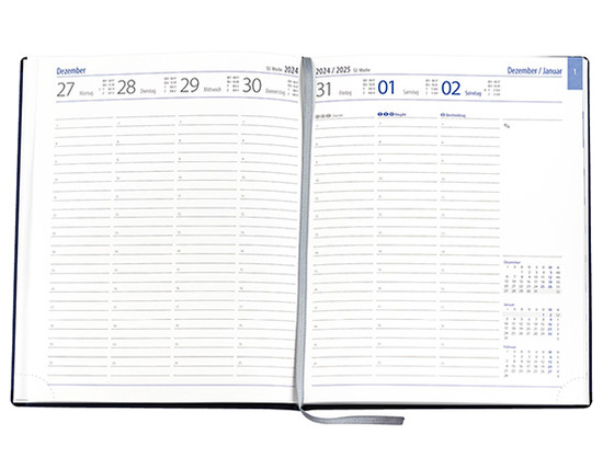 Wochenkalender "Manager D" im Format 21 x 26 cm, deutsches Kalendarium Grau/Blau mit Leseband, 144 Seiten Fadenheftung, Eckenperforation, Einband Fashion anthrazit
