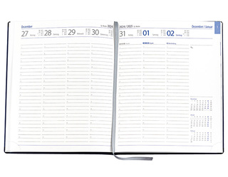 Wochenkalender "Manager D" im Format 21 x 26 cm, deutsches Kalendarium Grau/Blau mit Leseband, 144 Seiten Fadenheftung, Eckenperforation, Einband Magic hellbraun