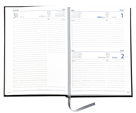 Buchkalender "Trend Chefkalender D" im Format 14,5 x 20,5 cm, deutsches Kalendarium Grau/Blau mit Leseband, 352 Seiten Fadenheftung, Eckenperforation, Einband Magic anthrazit