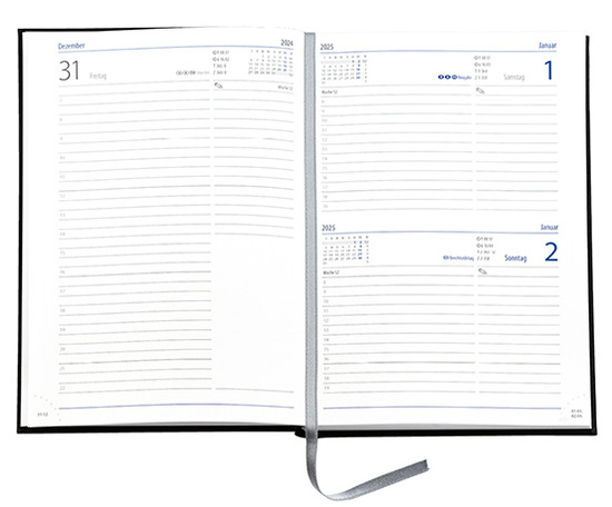 Buchkalender "Trend Chefkalender D" im Format 14,5 x 20,5 cm, deutsches Kalendarium Grau/Blau mit Leseband, 352 Seiten Fadenheftung, Eckenperforation, Einband Magic anthrazit