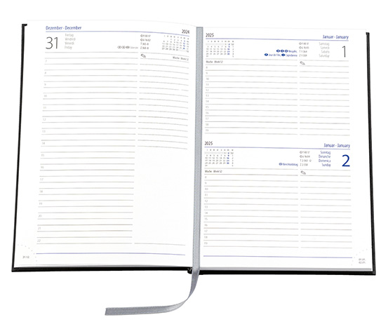 Buchkalender "Trend Chefkalender INT" im Format 14,5 x 20,5 cm, Kalendarium 4-sprachig D/F/I/GB Grau/Blau mit Leseband, 352 Seiten Fadenheftung, Eckenperforation, Grafikeinband