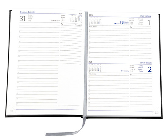 Buchkalender "Trend Chefkalender INT" im Format 14,5 x 20,5 cm, Kalendarium 4-sprachig D/F/I/GB Grau/Blau mit Leseband, 352 Seiten Fadenheftung, Eckenperforation, Grafikeinband