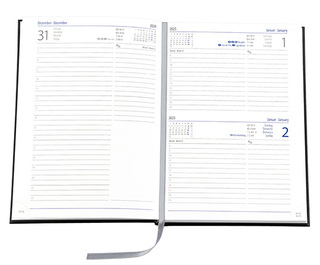 Buchkalender "Trend Chefkalender INT" im Format 14,5 x 20,5 cm, Kalendarium 4-sprachig D/F/I/GB Grau/Blau mit Leseband, 352 Seiten Fadenheftung, Eckenperforation, Einband Fashion dunkelblau