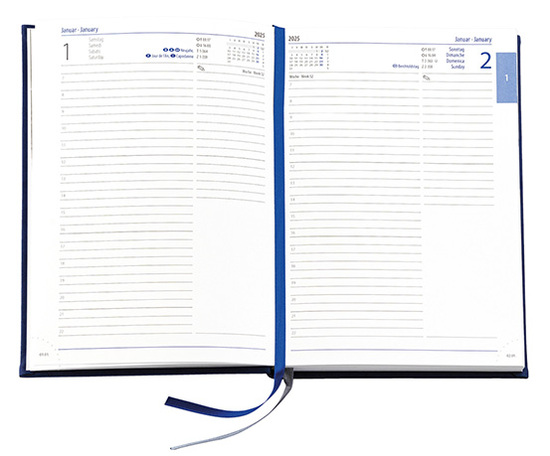 Buchkalender "Daily Chefkalender INT" im Format 14,5 x 20,5 cm, Kalendarium 4-sprachig D/F/I/GB Grau/Blau mit 2 Lesebändern, 416 Seiten Fadenheftung, Eckenperforation, Einband Slinky bordeaux