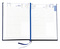 Buchkalender "Daily Chefkalender INT" im Format 14,5 x 20,5 cm, Kalendarium 4-sprachig D/F/I/GB Grau/Blau mit 2 Lesebändern, 416 Seiten Fadenheftung, Eckenperforation, Einband Slinky bordeaux
