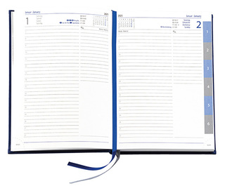 Buchkalender "Daily Chefkalender Register INT" im Format 14,5 x 20,5 cm, Kalendarium 4-sprachig D/F/I/GB Grau/Blau mit 2 Lesebändern und Registerstanzung, 416 Seiten Fadenheftung, Eckenperforation, Einband Fashion anthrazit