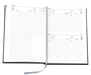 Buchkalender "Basic Chefkalender" im Format 14,5 x 20,5 cm, deutsches Kalendarium Grau mit Leseband, 320 Seiten Fadenheftung, Eckenperforation, Einband Balacron schwarz
