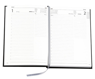 Buchkalender "Tages Chefkalender" im Format 14,5 x 20,5 cm, deutsches Kalendarium Grau mit Leseband, 416 Seiten Fadenheftung, Eckenperforation, Einband Balacron dunkelblau