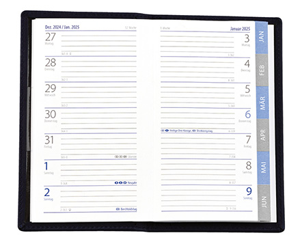 Taschenplaner "Exquisit Register" im Format 9,5 x 16 cm, deutsches Kalendarium Grau/Blau mit Registerstanzung, 64 Seiten gebunden + 16 Seiten Adressheft Register, eingesteckt in Slinky-Hülle schwarz
