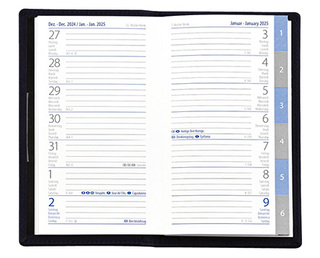Taschenplaner "Exquisit Register INT" im Format 9 x 15 cm, Kalendarium 4-sprachig D/F/I/GB Grau/Blau mit Registerstanzung, 64 Seiten gebunden, Kartoneinband