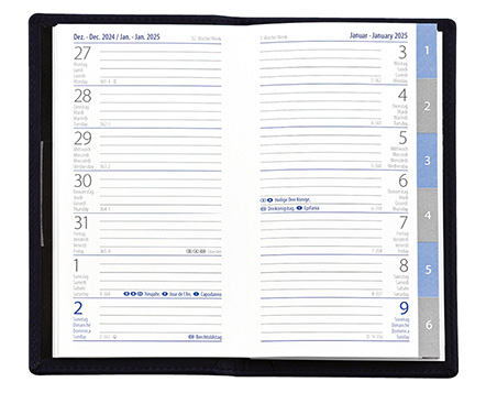 Taschenplaner "Exquisit Register INT" im Format 9,5 x 16 cm, Kalendarium 4-sprachig D/F/I/GB Grau/Blau mit Registerstanzung, 64 Seiten gebunden + 16 Seiten Adressheft Register, eingesteckt in PVC-Hülle weiß