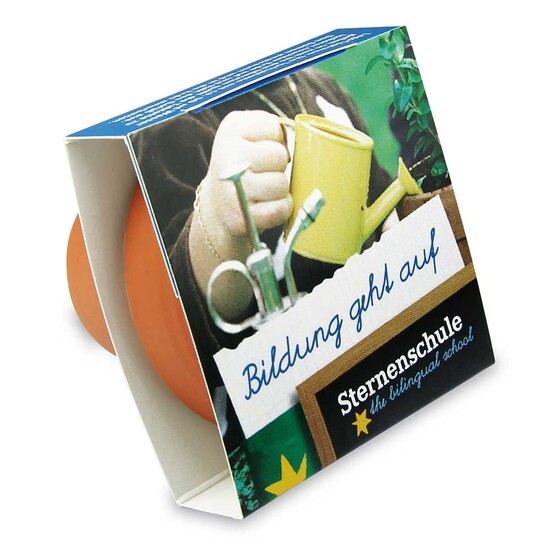 Logo-Töpfchen Banderole mit Samen - Vergissmeinnicht