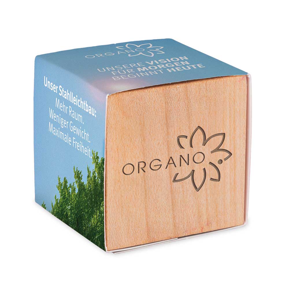 Pflanz-Holz mit Samen (Graspapier-Banderole) - Glücksklee-Zwiebel, 1 Seite gelasert (* Je nach Verfügbarkeit der Glücksklee-Zwiebeln)