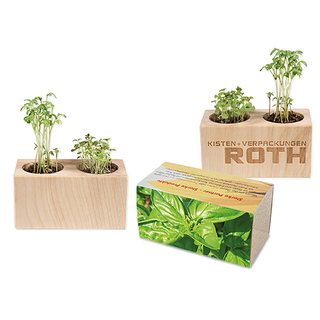 Pflanz-Holz 2er Set mit Samen - Basilikum, 1 Seite gelasert