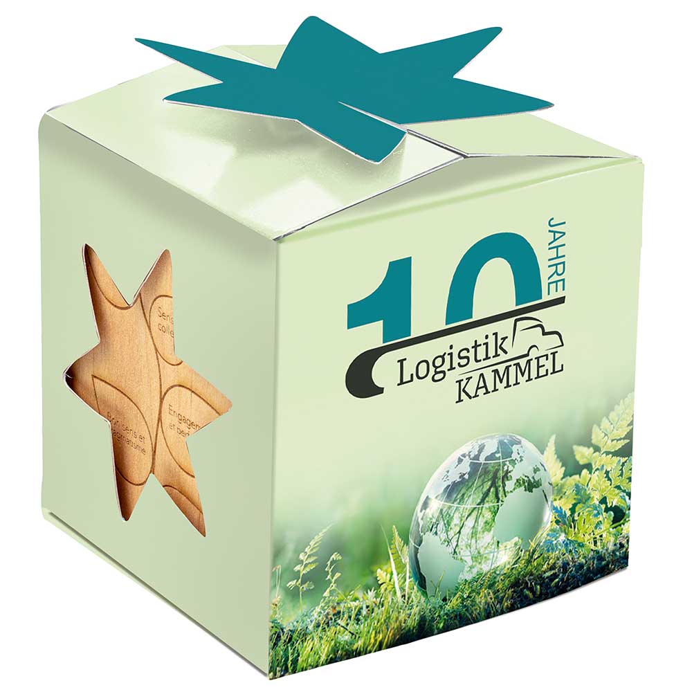 Pflanz-Holz Star-Box mit Samen - Ringelblume, 2 Seiten gelasert