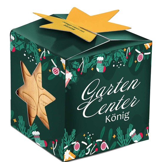 Pflanz-Holz Maxi Star-Box mit Samen - Glücksklee-Zwiebel, 1 Seite gelasert (* Je nach Verfügbarkeit der Glücksklee-Zwiebeln)
