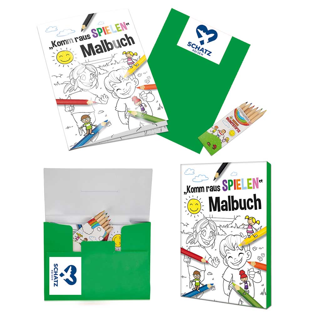 Malbuch / Mal-Set A6 - Komm-raus-spielen - Malset mit 1-c Logoeindruck