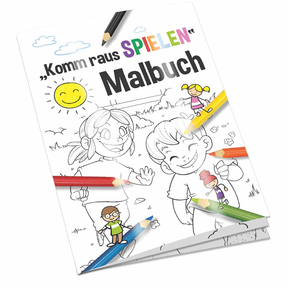 Malbuch / Mal-Set A6 - Komm-raus-spielen - Malset mit 2-c Logoeindruck