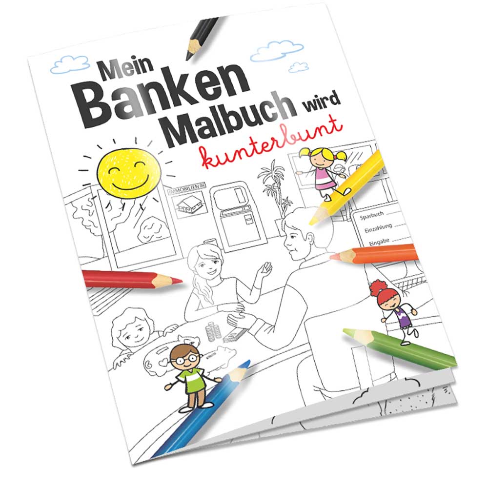 Malbuch / Mal-Set A6 - Banken - Malbuch mit 1-c Logoeindruck