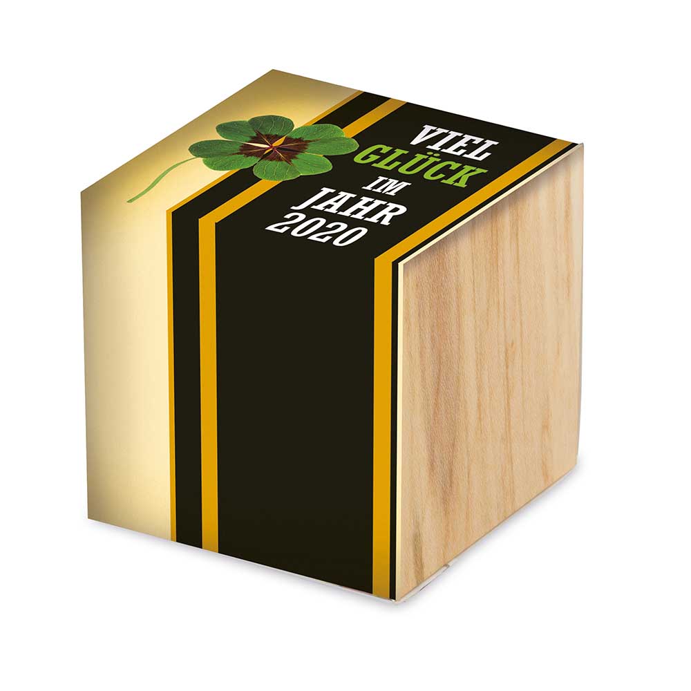 Pflanz-Holz - Standardmotiv - Glücksklee - 1 Seite gelasert  (* Je nach Verfügbarkeit der Glücksklee-Zwiebeln)