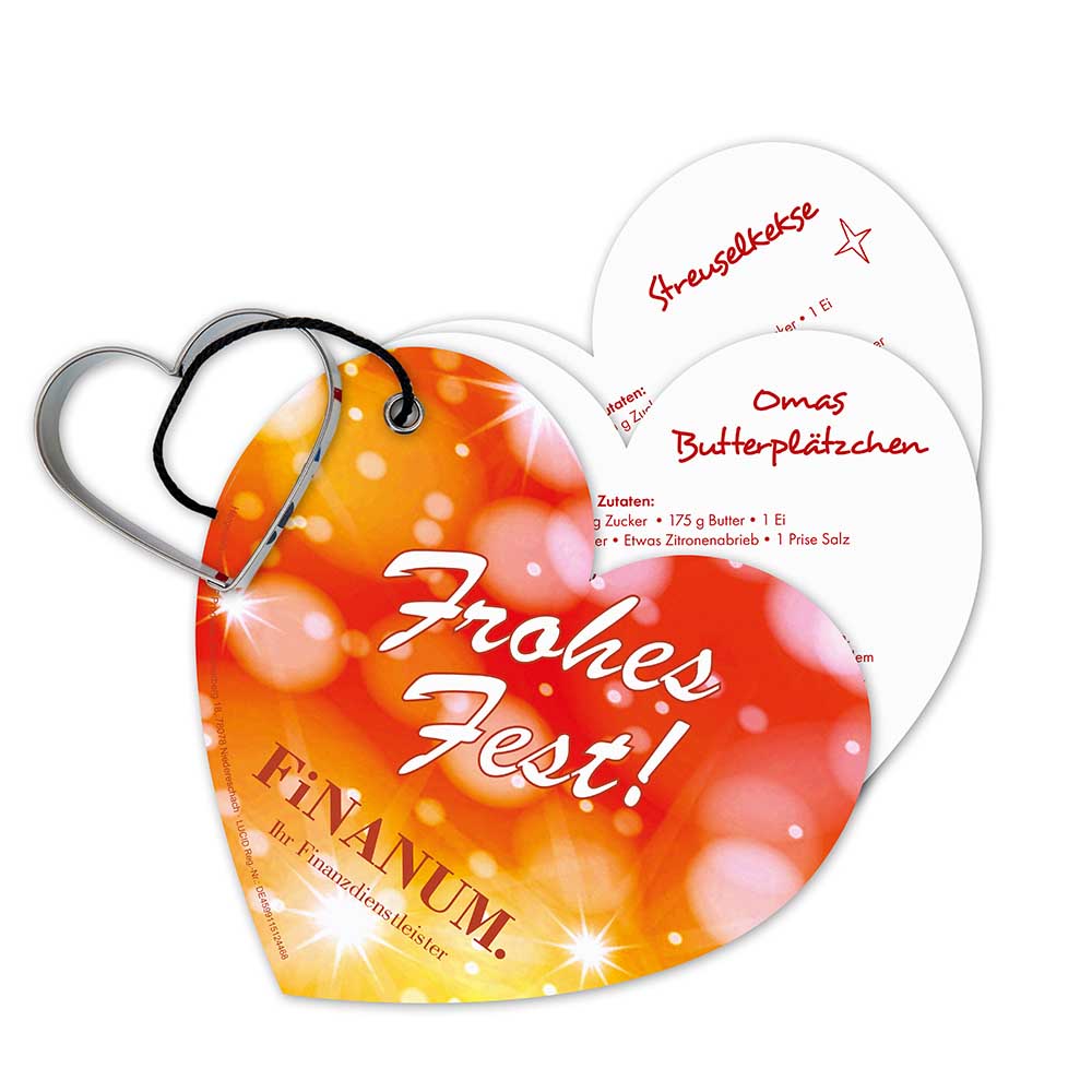 Backförmchen mit Rezeptblock Weihnachtsherz - in weihnachtlicher Mappe (mit 1c-Logoeindruck)