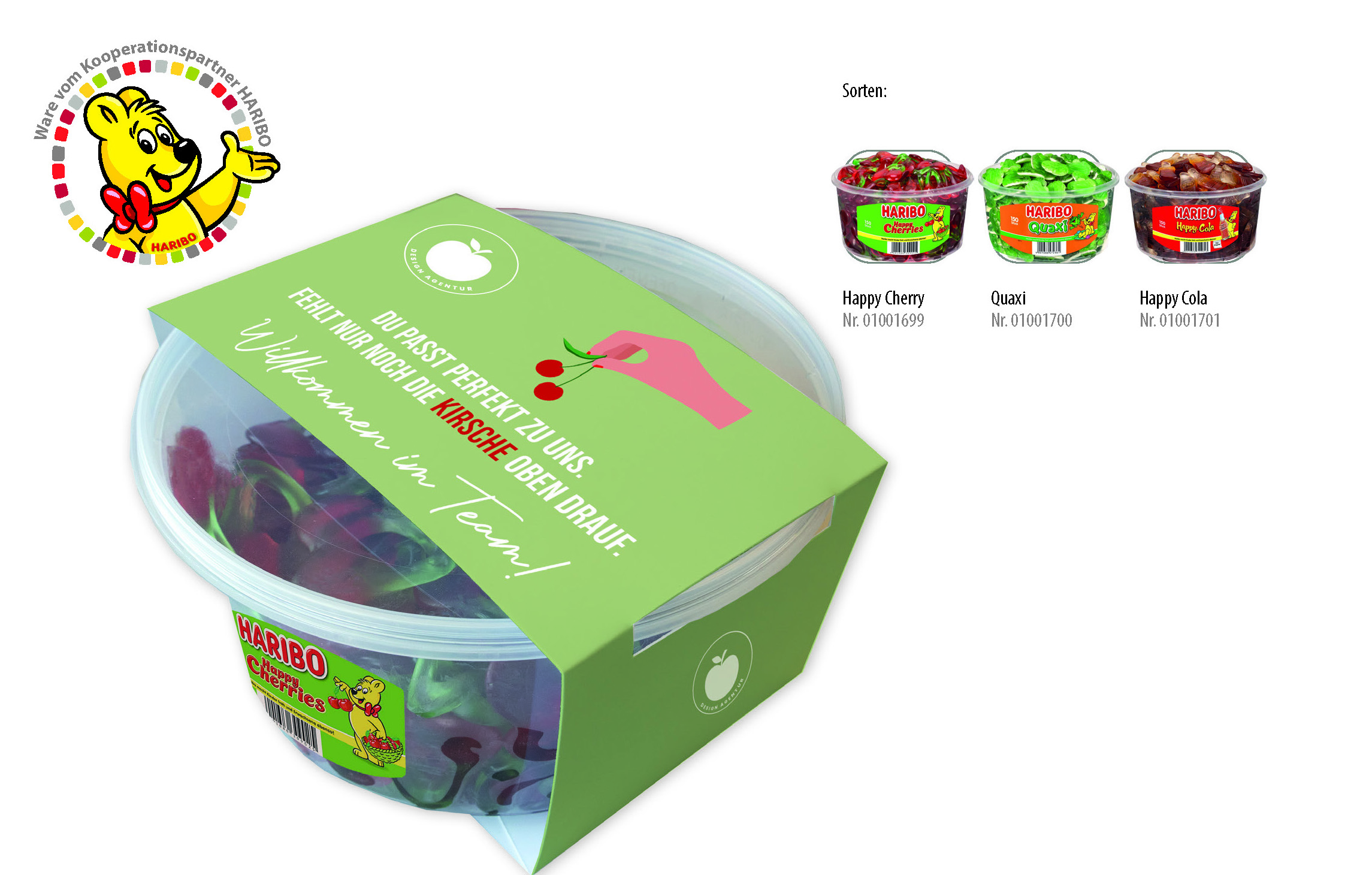 HARIBO Runddosen mit Kartonbanderole, Inhalt: HARIBO Quaxi