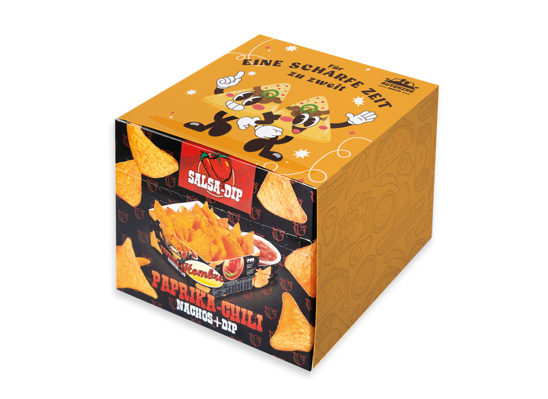 Nacho Box im Schuber, Inhalt: Nachos Paprika-Chili, Cheese Dip