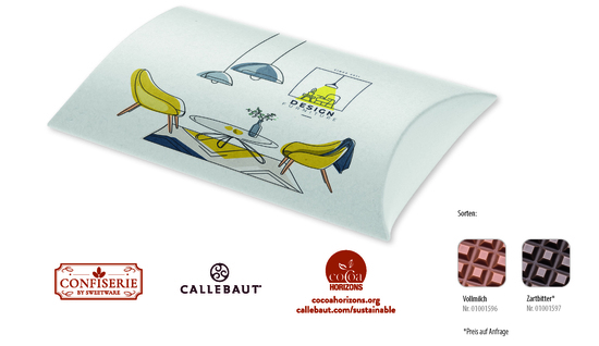 Schokolade 100 g Tafel in Kissenschachtel, Inhalt: Callebaut Vollmilch Schokolade Kalender