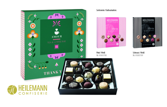 Heilemann Mini Pralinés im Schuber, Inhalt: Heilemann Mini Pralinés - ca. 91 g - pink/weiß