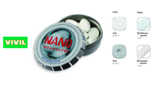 Klick-Dose-57, Inhalt: Kaugummi Dragees zuckerfrei (Dose) - ca. 20 g - Ø 57 mm, Höhe 18 mm - blank