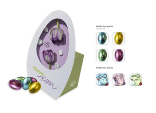 Osterei mit Werbebox, Inhalt: Schokoeier mit Haselnusscremefüllung